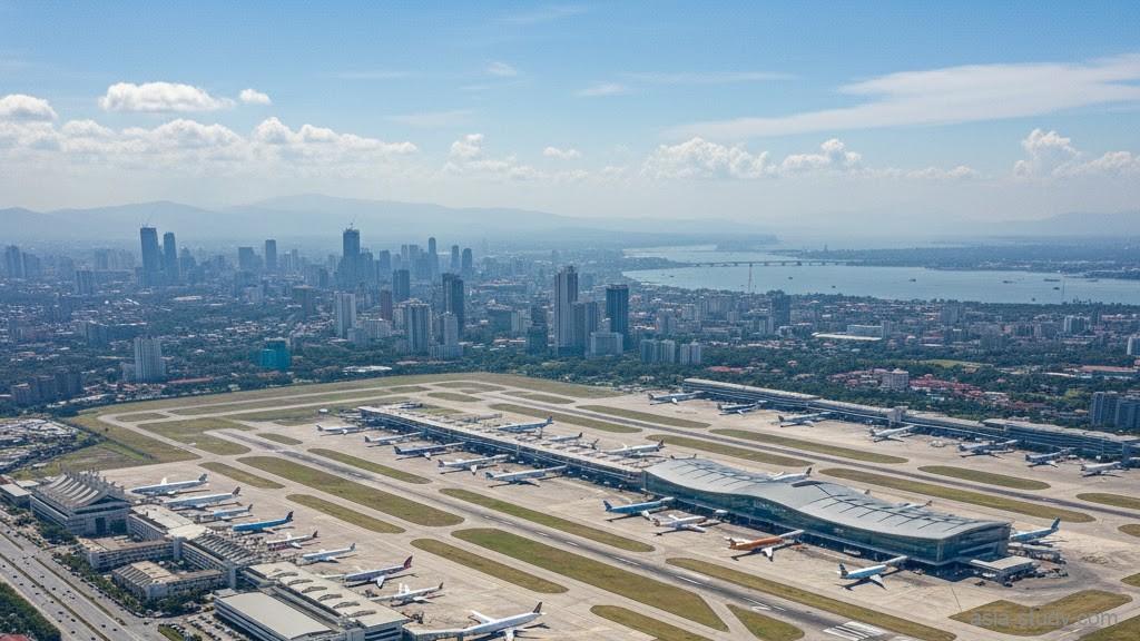 マニラ国際空港（ニノイ・アキノ空港／NAIA）の全景空撮写真。4つのターミナルビル（T1〜T4）と滑走路、周辺道路の複雑なネットワークを一望でき、空港全体の規模と位置関係を示している。