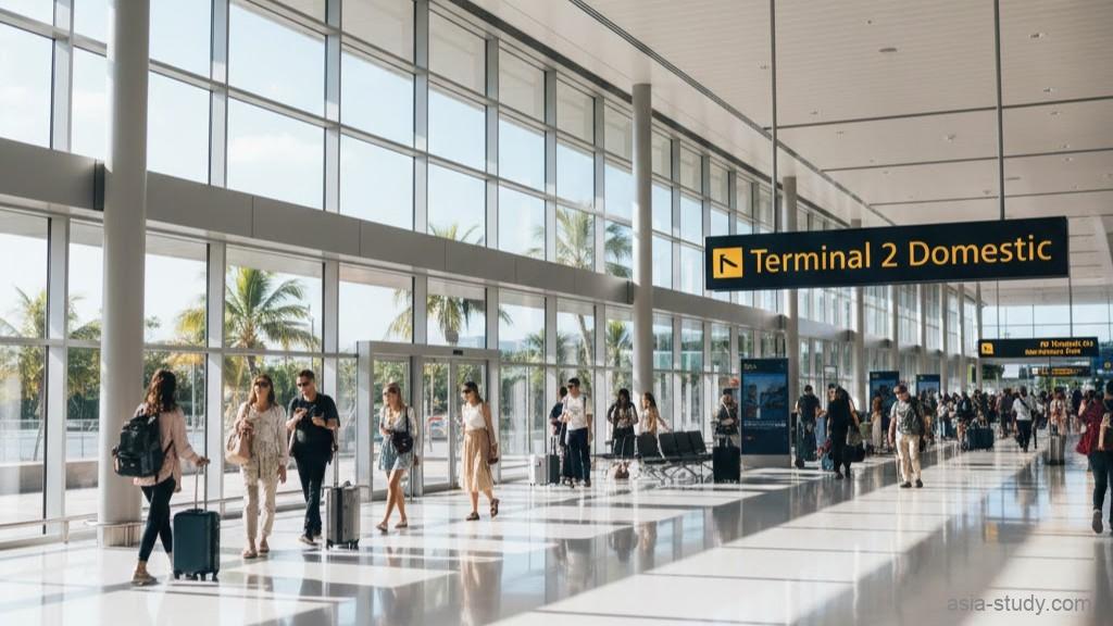 明るく近代的な空港ターミナルの内観、広角、スーツケースを持って歩く乗客たち、南国の日差しが差し込む大きなガラス窓、看板の文字は「Terminal 2 Domestic」、清潔な白い床