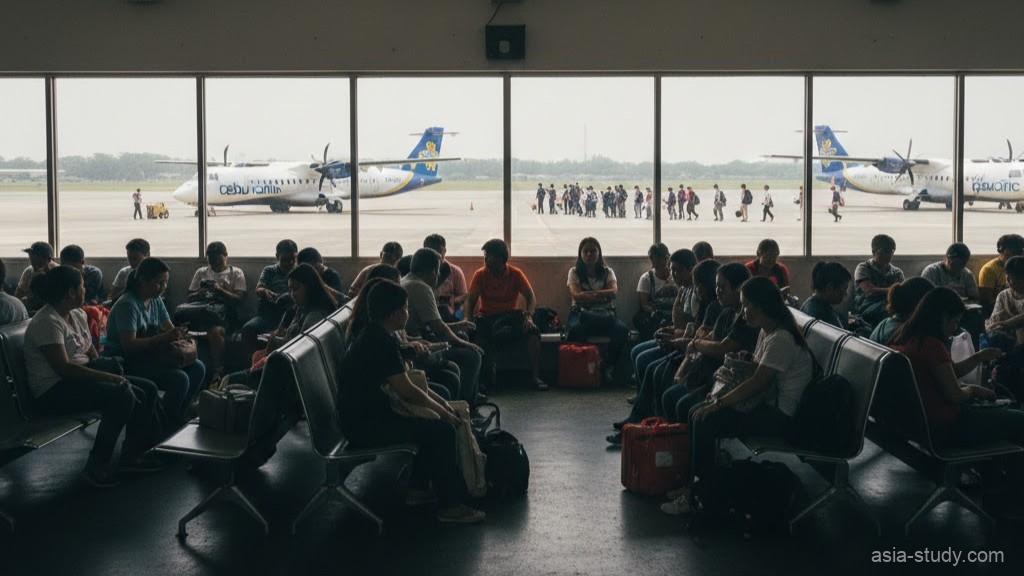 マニラ空港ターミナル4（NAIA T4）の混雑した待合室。平屋建ての狭い施設で、窓の外には離島行きのプロペラ機が駐機しており、乗客が徒歩で搭乗している様子。