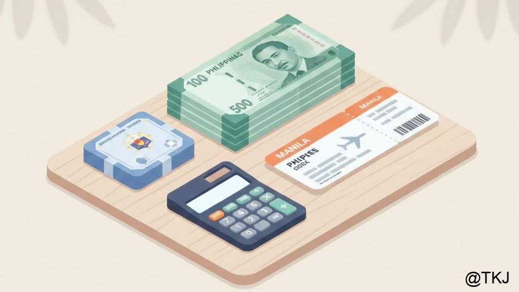 フィリピン留学の費用イメージ（航空券・現金・電卓）