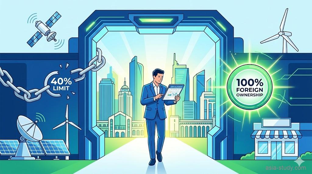 フィリピン外資ネガティブリスト2026年最新版のイメージ。40%制限の壁が壊れ、通信、再生可能エネルギー、小売業などで100%外資解禁された様子を描いたベクターイラスト。