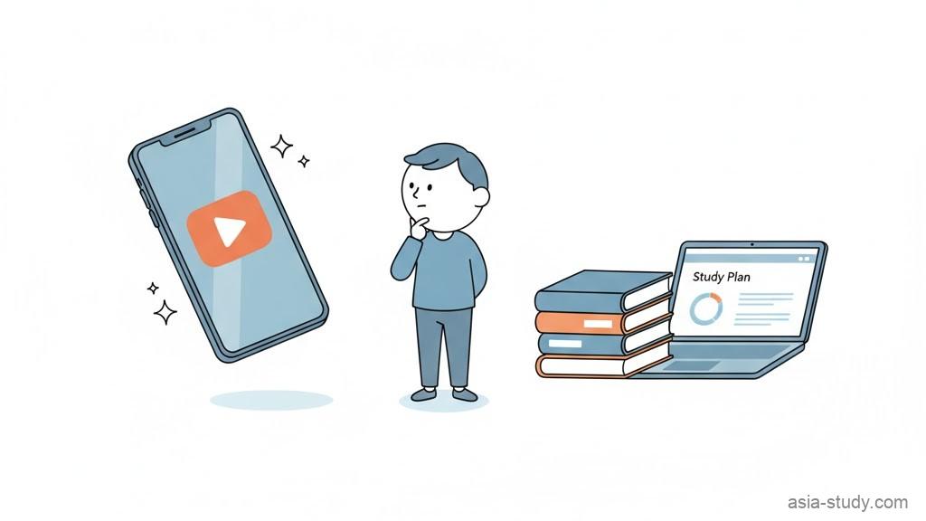 留学エージェントStudyinのSNSのキラキラしたイメージと本気の学習という実態を比較するイラスト