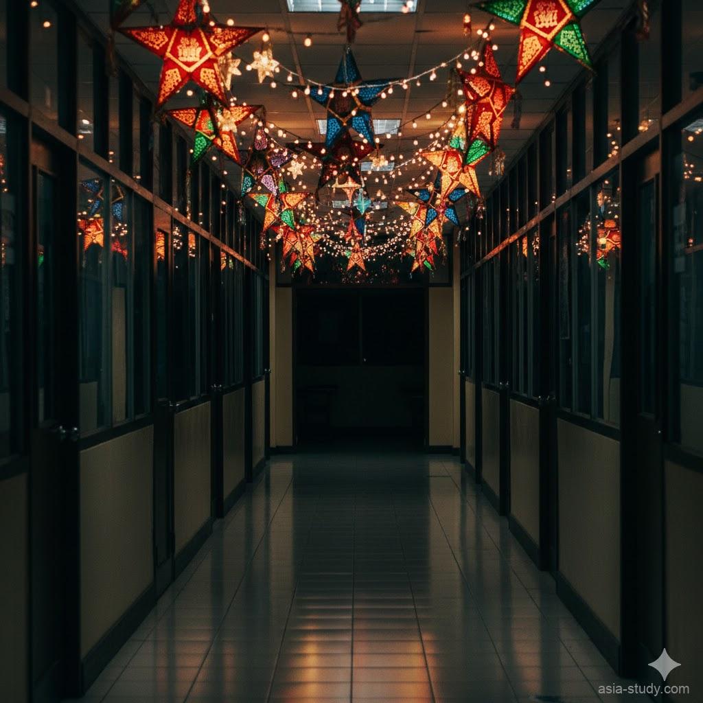 12月のフィリピン留学、クリスマスの装飾が施された静かな無人の語学学校の廊下