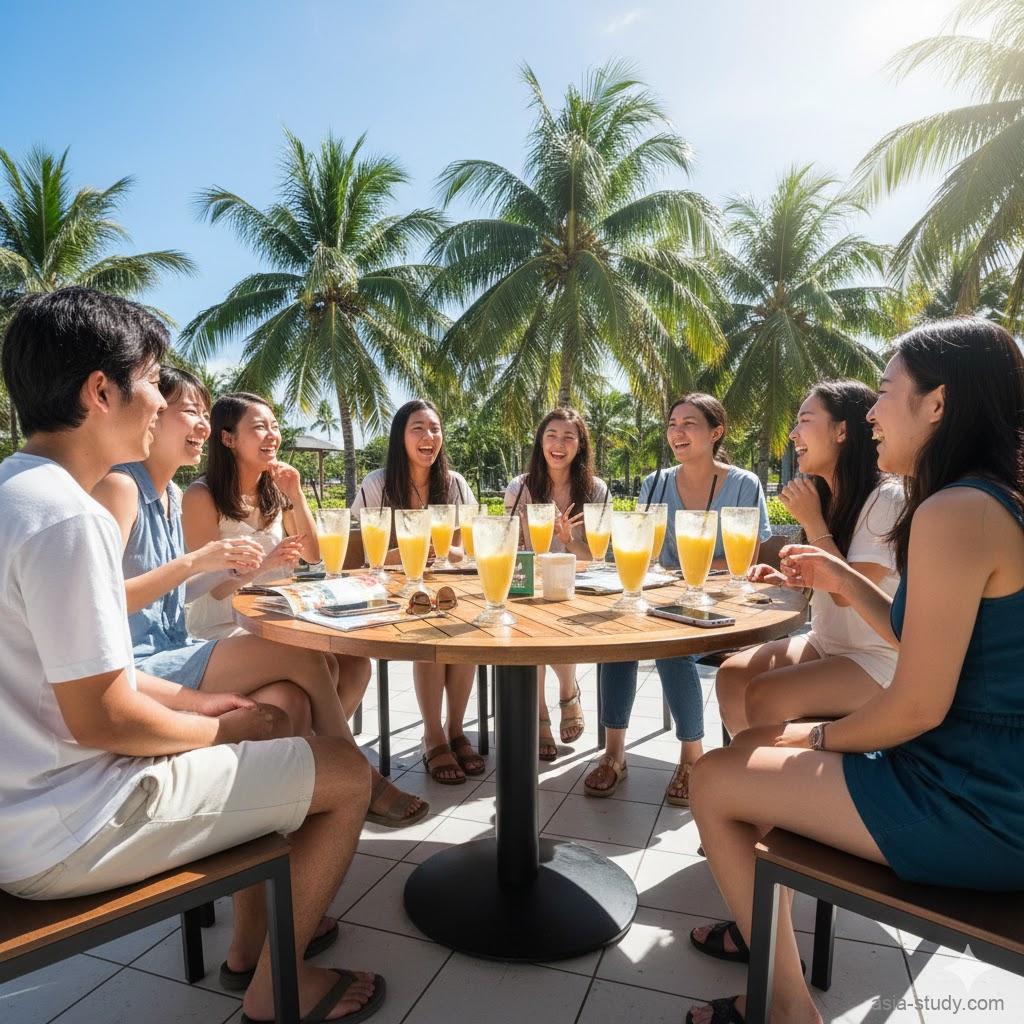 3月のフィリピン・セブ島、卒業旅行で賑わう大学生グループと真夏の青空の風景