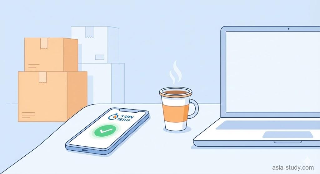 「5分で設定完了」と表示されたスマホの横にコーヒーとノートPCが置かれ、背景に引越し用段ボールがある、手軽さを強調したイラスト。