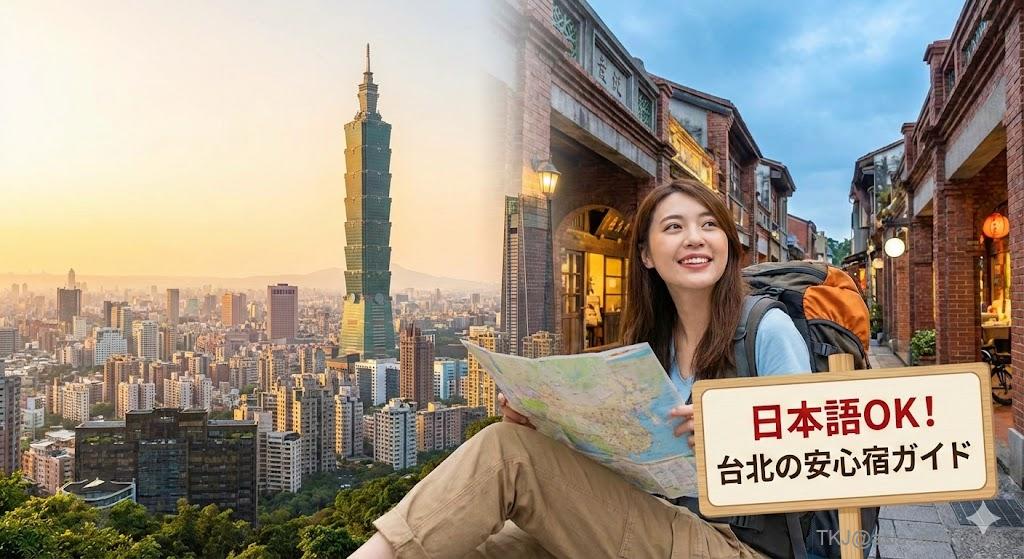 台北の街並みとバックパッカー。「日本語OK！台北の安心宿ガイド」の文字。