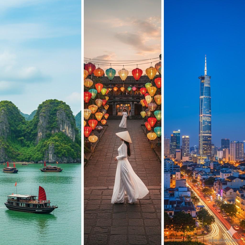 世界遺産のハロン湾、ランタンが灯るホイアンの街並み、ホーチミンの近代的なスカイラインが融合した、ベトナム旅行の多様な魅力を示すコラージュ写真。
