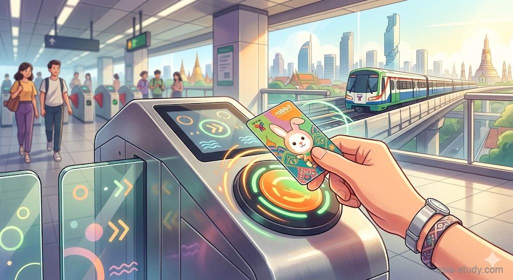 バンコクのBTS駅の改札機にラビットカードをタッチする手元の様子。背景には高架を走るスカイトレインと、ワット・アルンなどバンコクの象徴的な街並みが広がる明るいイラスト。