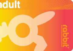 BTSのラビットカード（adult）デザイン、オレンジ背景にうさぎロゴ