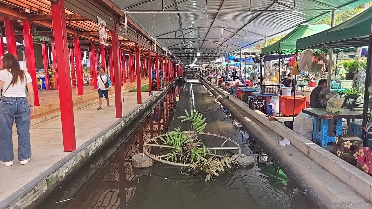 タリンチャン水上マーケットの運河沿い通路と屋台エリア（赤い柱）