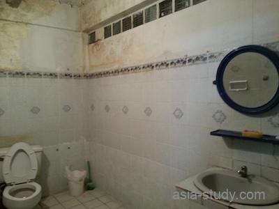 Shadow Inn（シャドウイン）客室のバスルーム。トイレと洗面台、青い丸鏡