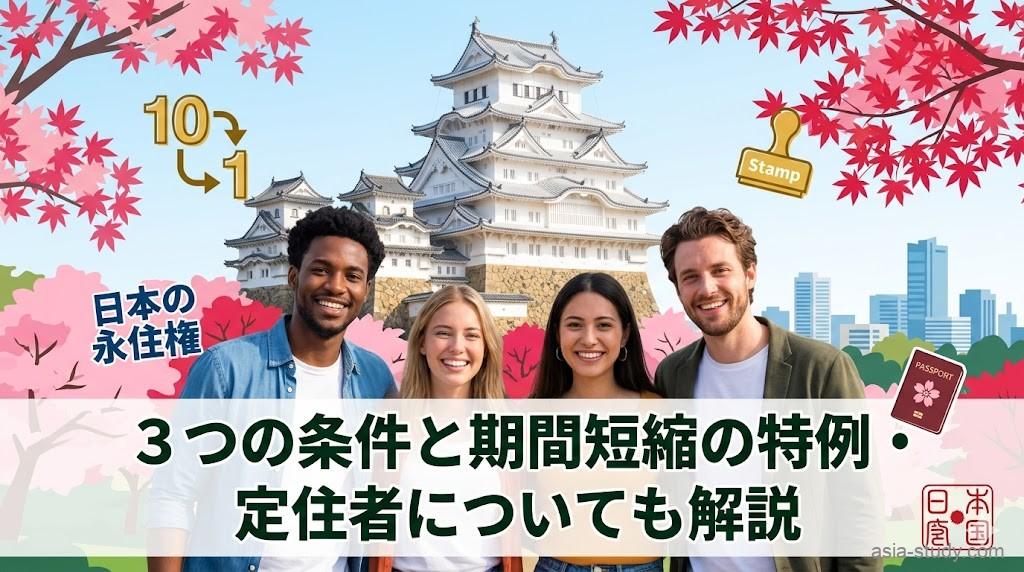 日本の伝統的な白いお城（姫路城風）とモダンな都市の街並みを背景に、笑顔で並ぶ多様な国籍の外国人男女4人のイラスト。背景には満開の桜と赤く色づいたもみじ、パスポートや入国スタンプのアイコン、そして「10から1へ」と期間短縮を表す数字のグラフィックが描かれている。画像下部には白い帯がかかっており、黒い太文字で「日本の永住権 3つの条件と期間短縮の特例・定住者についても解説」というブログのタイトルテキストが中央に配置されている。
