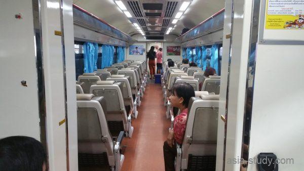 タイ国鉄の車内に並ぶ座席と青いカーテンの車窓