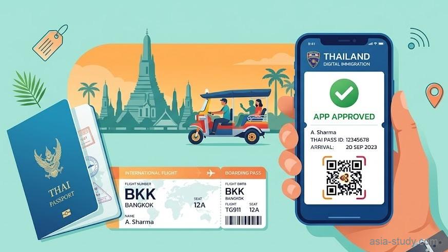 タイの新しいデジタル入国アプリTHIMの画面を表示したスマートフォンとパスポートのイラスト